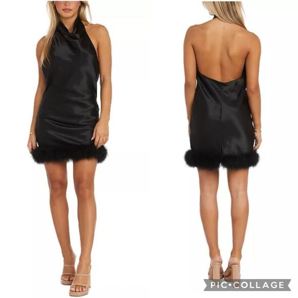 Morgan & Company Juniors Halter-neck Feather Trim Black Mini Dress Women’s 7 NWT - Picture 1 of 11